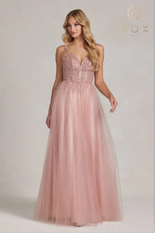 cocktail dresses with high-low skirts for trendy looks --Embroidered A-line Tulle Gown by Nox Anabel F1086 - Outlet