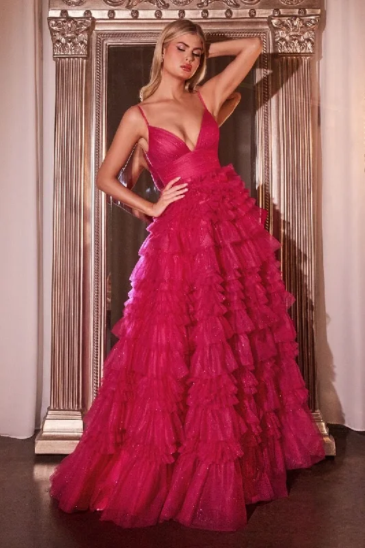 formal dresses with lace sleeves for classic elegance --Glitter Sleeveless Ruffled Tiered Gown by Ladivine C156