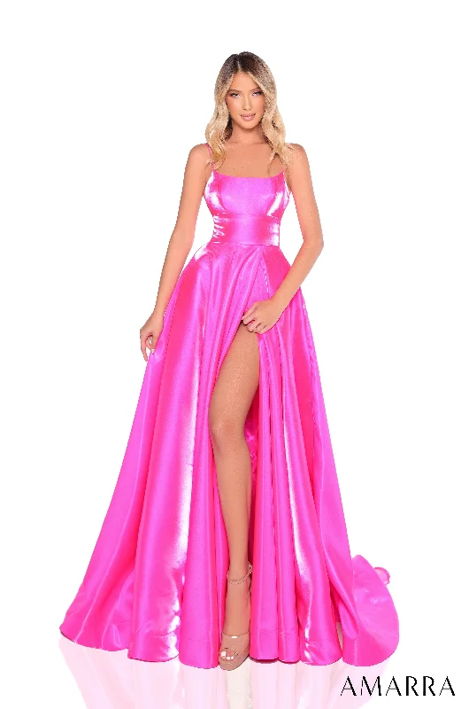 formal dresses with asymmetrical hemlines for trendy looks --Taffeta Sleeveless A-line Slit Gown by Amarra 88382