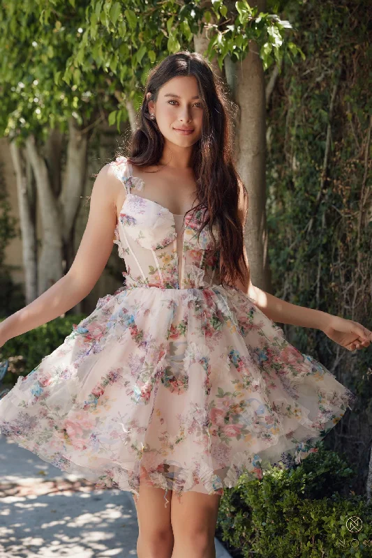 Graduation dresses with simple designs for a classic style -Floral Print Short Sleeveless Dress by Nox Anabel S849