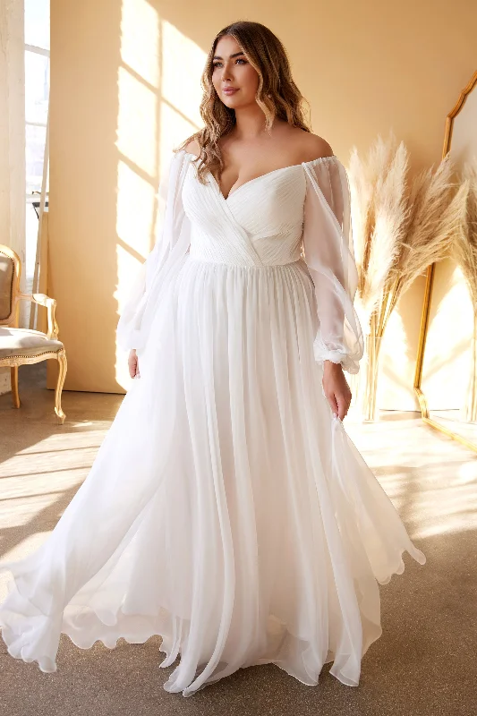 cocktail dresses with ruched bodices for flattering fit --White Curve Long Sleeve Chiffon Gown by Cinderella Divine CD243WC