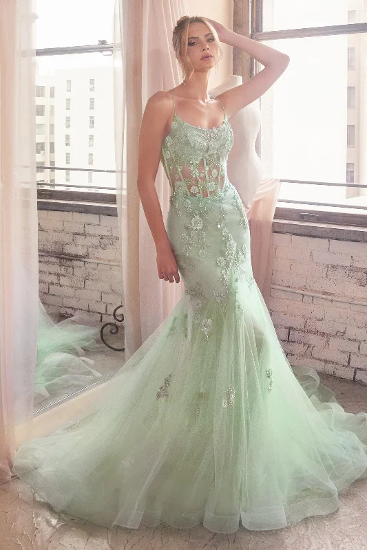 Wedding guest dresses with classic fit-and-flare silhouettes -Floral Applique Sheer Corset Mermaid Dress by Ladivine D145