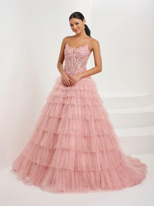 cocktail dresses with layered tulle skirts for volume --Applique Corset Ruffled Tulle Gown by Tiffany Designs 16099