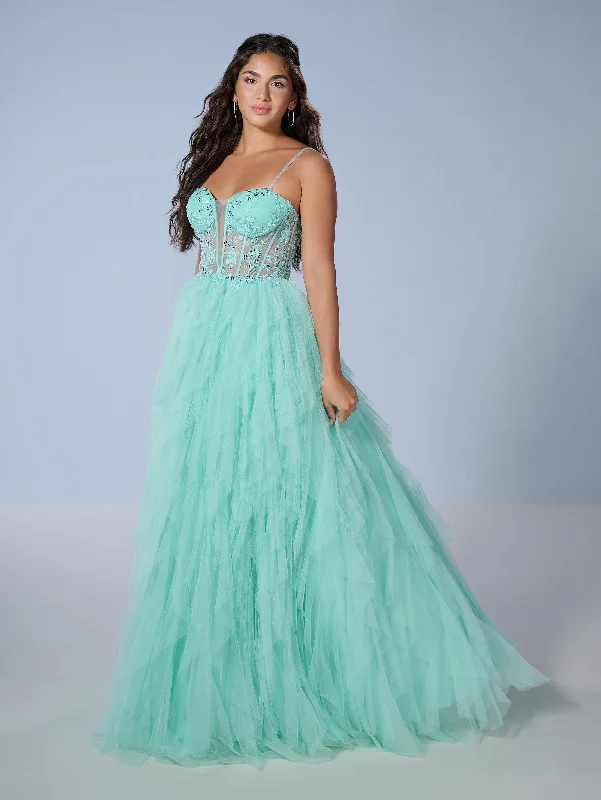 formal dresses with side slits for ease of movement --Sleeveless A-line Ruffled Gown by Tiffany Designs 16149