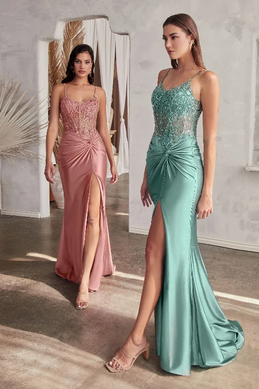 cocktail dresses with satin bows for elegant detail --Beaded Satin Sleeveless Slit Gown by Ladivine CD0176