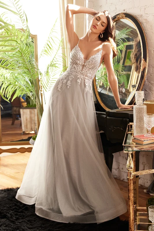 cocktail dresses with mesh necklines for modern appeal --Applique Sleeveless Tulle Gown by Ladivine CD874