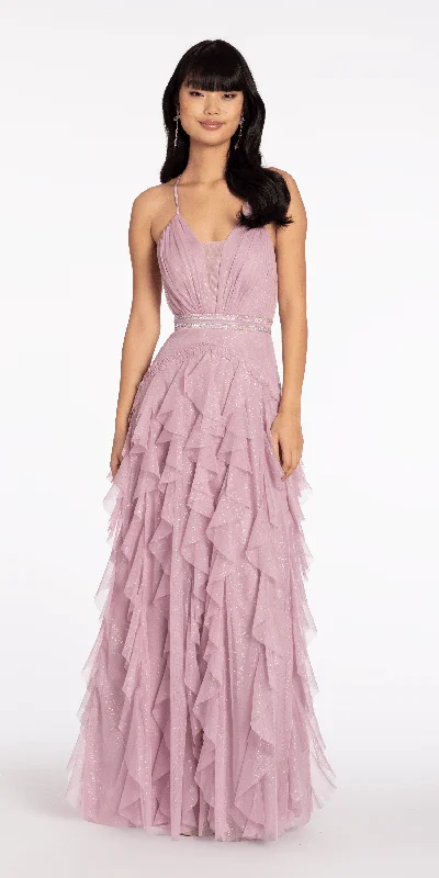 formal dresses for prom with corset tops and tulle skirts --Mesh Strappy Back Halter Tiered Ballgown