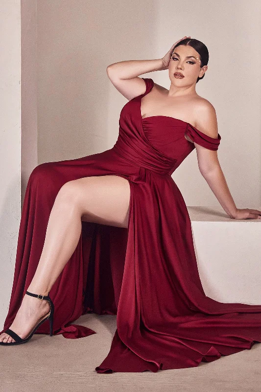 Wedding guest dresses with pleats for added movement -Curve Off Shoulder A-line Satin Gown by Ladivine 7493C