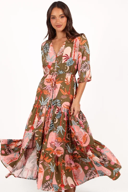 Spring dresses with a fitted waist for a flattering silhouette -Kelda Dress - Green Multi Spring dresses with a fitted waist for a flattering silhouette -Kelda Dress - Green Multi