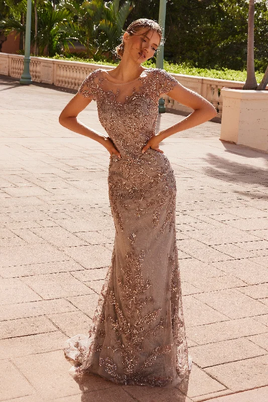 Wedding guest dresses for a romantic, vintage-inspired vibe -Applique Short Sleeve Gown by Nox Anabel MT110