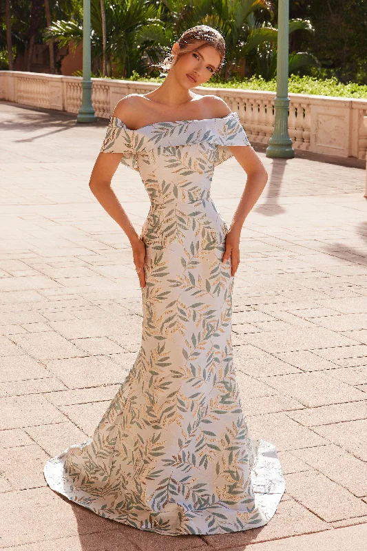 Wedding guest dresses for spring weddings with a boho vibe -Jacquard Off Shoulder Gown by Nox Anabel MJ134