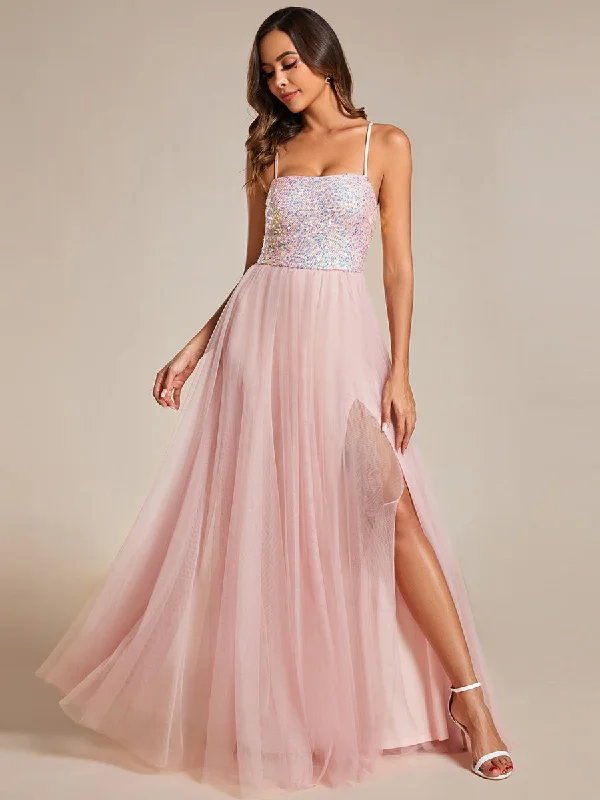 formal dresses with floral embroidery for spring occasions --Sequin Tulle Spaghetti Strap High Split Wholesale Bridesmaid Dress