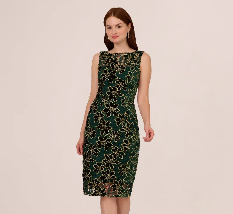 Best wedding guest dresses for small intimate gatherings -Metallic Floral Lace Midi Dress With Illusion Neckline In Hunter Gold
