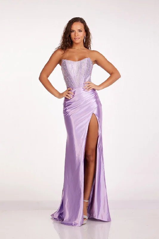 cocktail dresses with floral lace for romantic style --Beaded Fitted Strapless Slit Gown by Abby Paris 90255