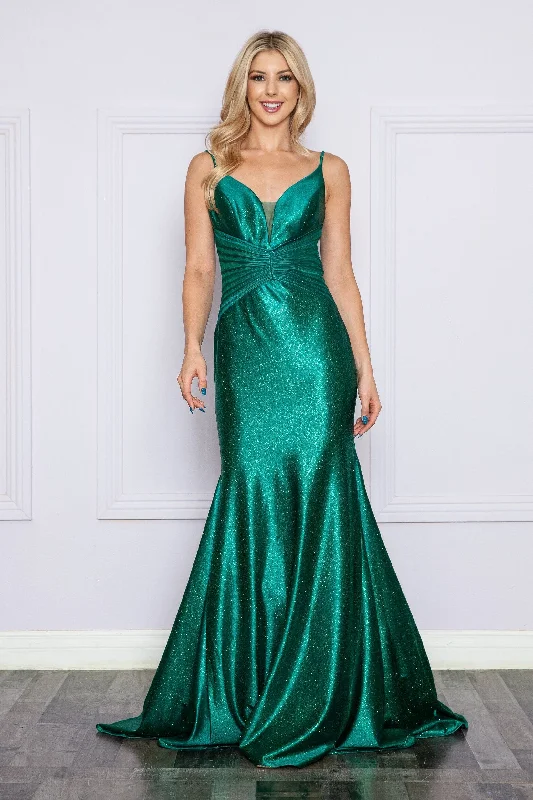cocktail dresses with mesh inserts for edgy style --Fitted Glitter Jersey Sleeveless Gown by Poly USA 9260