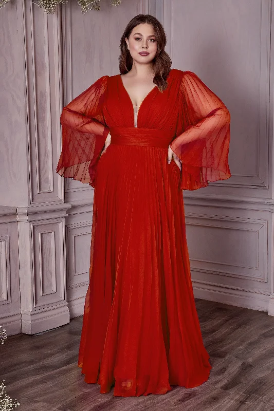 Wedding guest dresses with a flowy silhouette for comfort -Plus Size Pleated Bell Sleeve Gown by Cinderella Divine CD242C