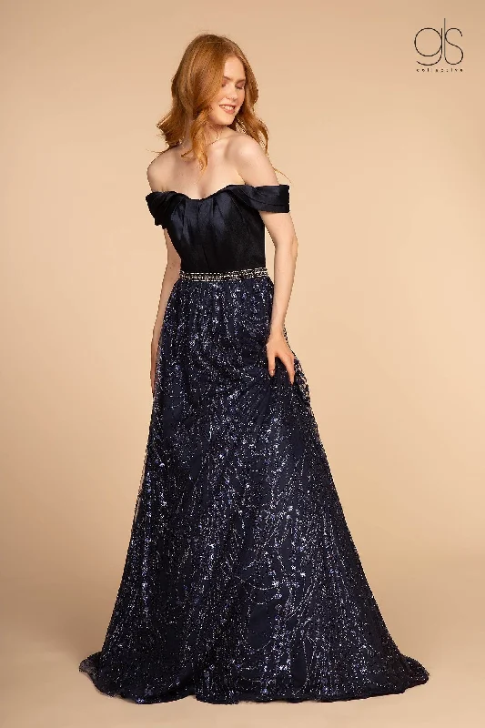 cocktail dresses with velvet bodices for winter glam --Long Off Shoulder Dress with Glitter Print Skirt by Elizabeth K GL2530