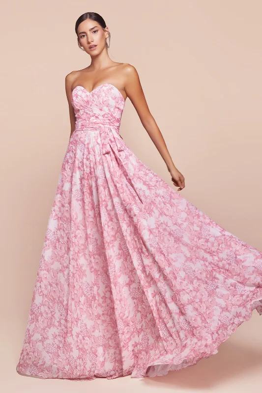 bridesmaid dresses with sequined bodices for sparkle --Floral Print Strapless A-line Gown by Ladivine 7443
