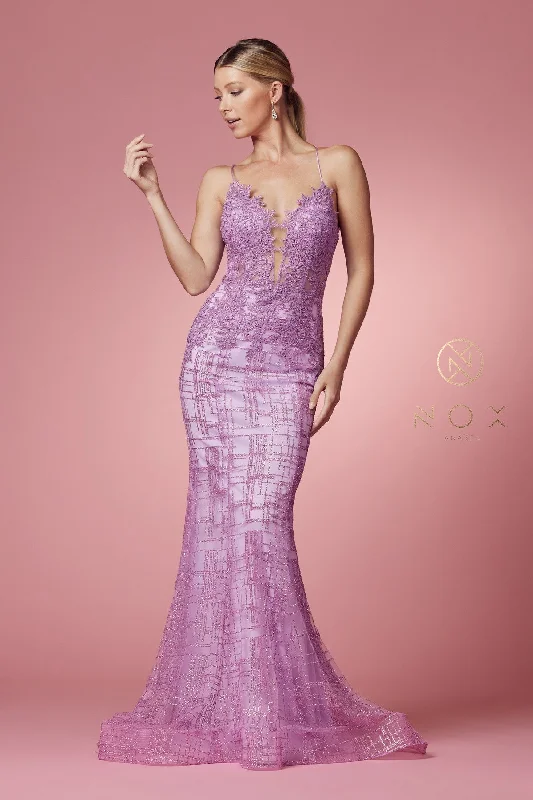 cocktail dresses with floral embroidery for romantic occasions --Glitter Print V-Neck Mermaid Dress by Nox Anabel R282-1