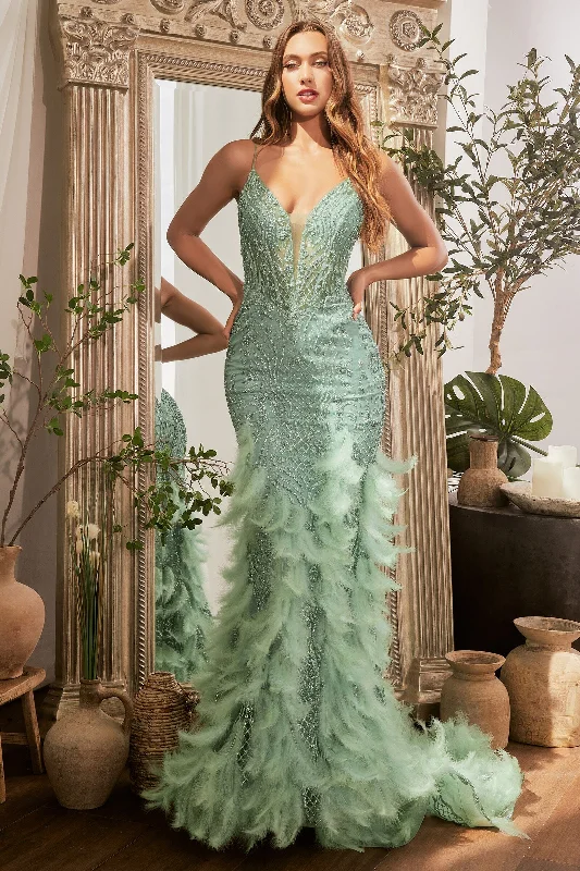 formal dresses with high necklines for modest fashion lovers --Glitter Sleeveless Feather Mermaid Dress by Ladivine CC1608