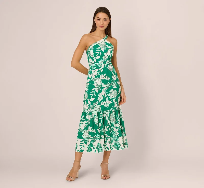 Spring dresses for outdoor events and picnics -One Shoulder Floral Flounce Midi Dress In Green White