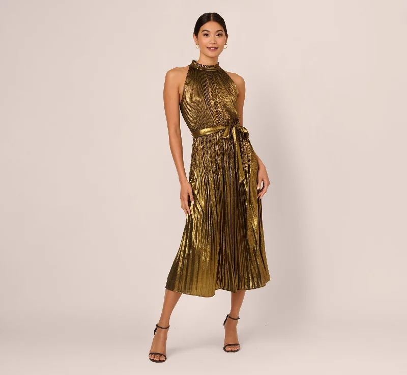 Spring dresses for a garden wedding guest look -Halter Pleated Metallic Dress In Gold
