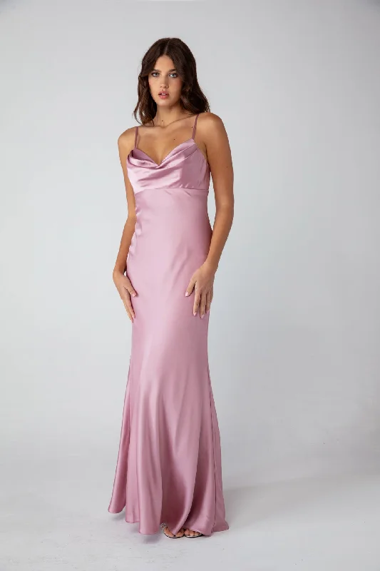 bridesmaid dresses with open backs for summer weddings --Satin Fitted Long Cowl Neck Dress by Eureka 9711