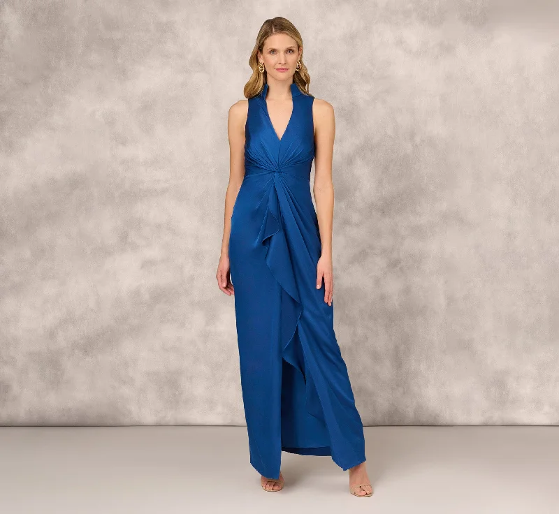 formal dresses with sheer panels for modern style --Crepe Back Satin Sleeveless Gown With Ruffle Accent In Deep Ocean