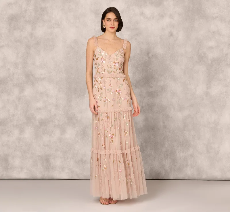 formal dresses with pleated skirts for graceful movement --Floral Beaded Tiered Gown With Ruffle Details In Pink Multi
