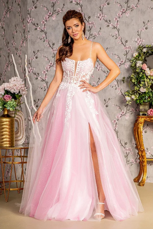 formal dresses with sheer panels for modern style --Applique Sleeveless A-line Slit Gown by GLS Gloria GL3249