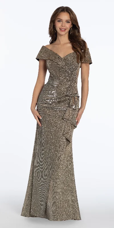 Unique metallic party dresses for bold looks -Metallic Off the Shoulder Column Dress with Side Drape