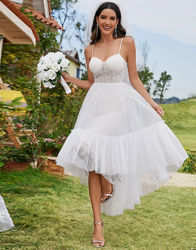 formal dresses for prom with tulle skirts and corset tops --Tulle Sweetheart Spaghetti Strap High Low Wholesale Wedding Dress