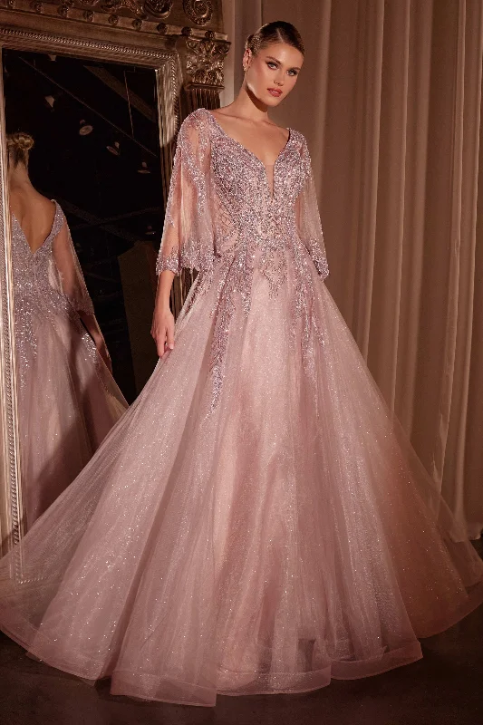 Wedding guest dresses that pair beautifully with a shawl -Applique Bell Sleeve A-line Gown by Ladivine CD784