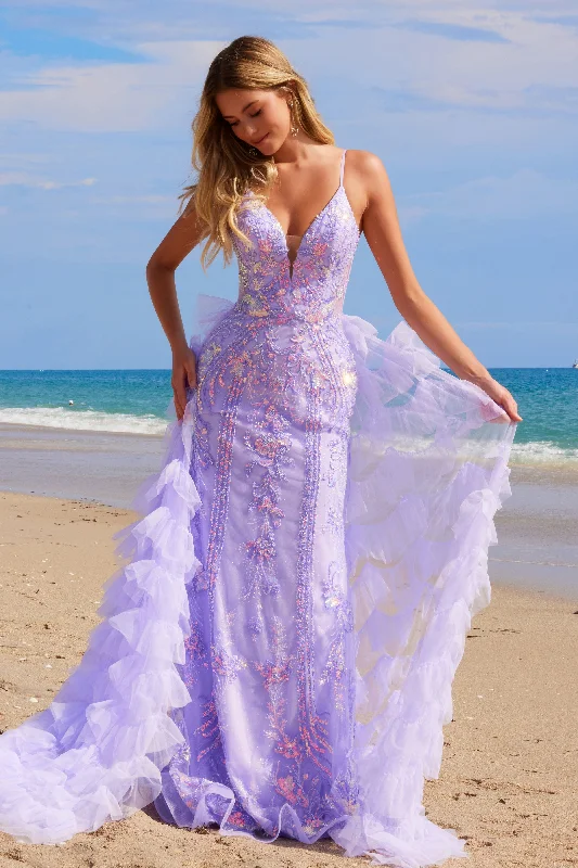 cocktail dresses with two-tone designs for modern look --Sequin Sleeveless Overskirt Gown by Nox Anabel Q1542