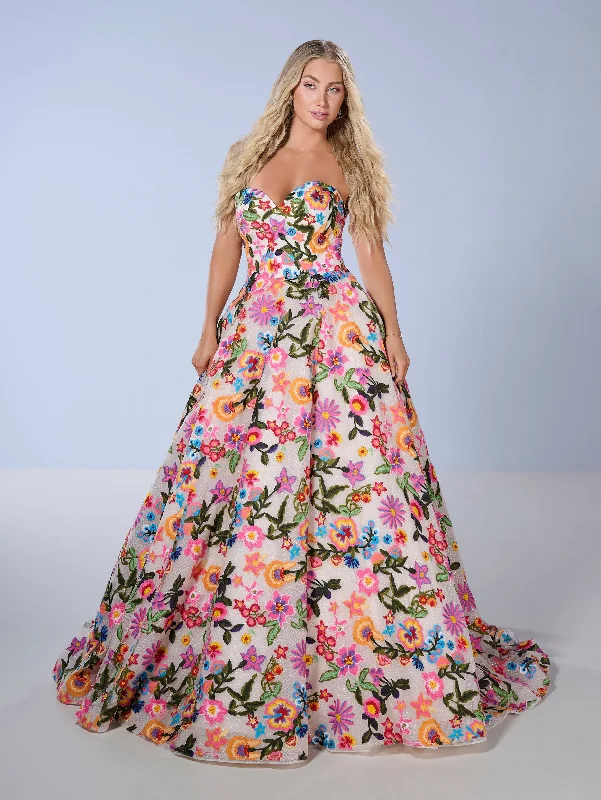 formal dresses with pleated skirts for graceful movement --Floral Print Strapless Gown by Tiffany Designs 16176