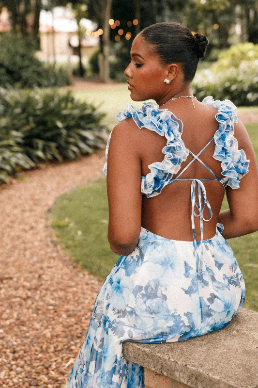 Graduation dresses for a formal event with a touch of glamour -Lucah Frill Shoulder Maxi Dress - Blue White Floral