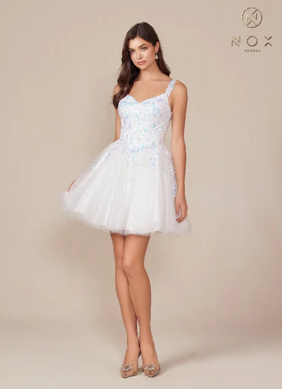 Graduation dresses with a deep V-neck for a bold statement -White Applique Short Sleeveless Dress by Nox Anabel H846W