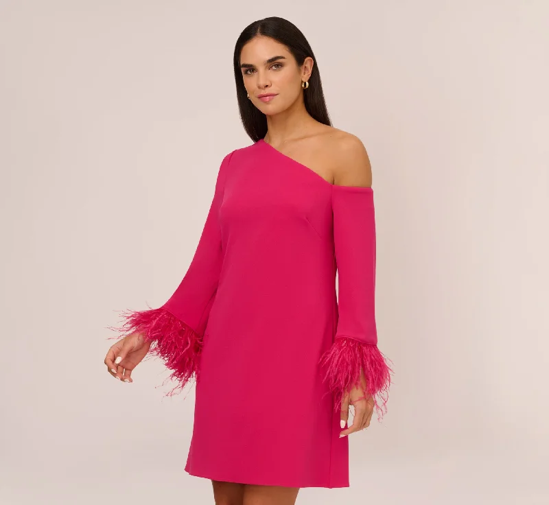 Short wedding guest dresses for summer events -Knit Crepe One Shoulder Long Sleeve Dress With Feather Accents In Bright Rose
