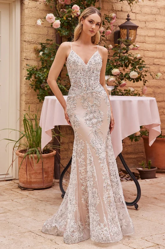 formal dresses for senior women with classic cuts --Glitter Print V-Neck Mermaid Bridal Gown by Ladivine J859W