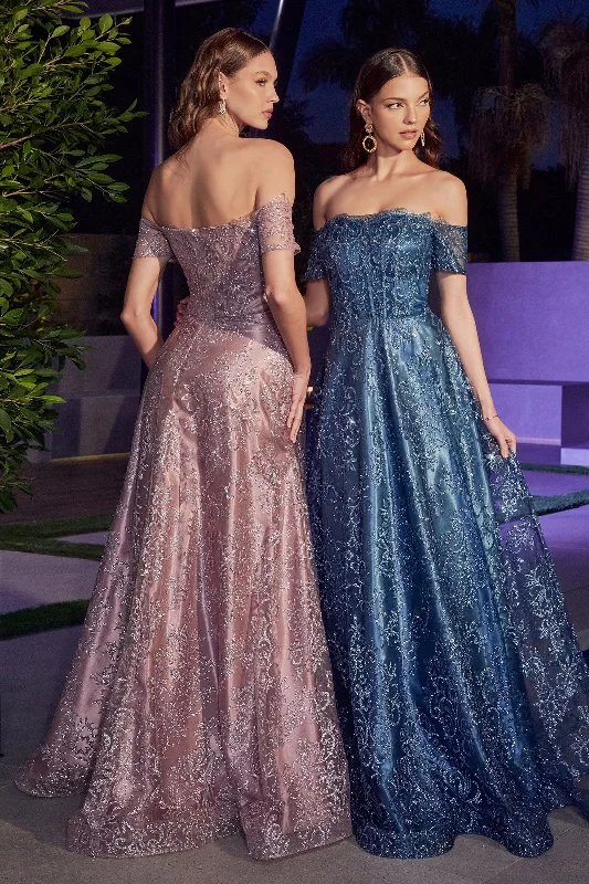 cocktail dresses with layered tulle for princess style --Glitter Print Off Shoulder Gown by Ladivine J835