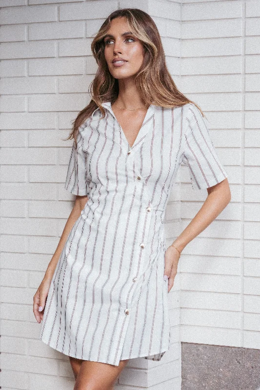 Spring dresses with wrap-around skirts for flattering styles -Hayes Mini Dress - Blue Stripe