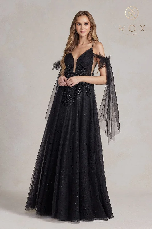 cocktail dresses with ruched sides for slimming effect --Embellished Glitter Tulle Gown by Nox Anabel E1075