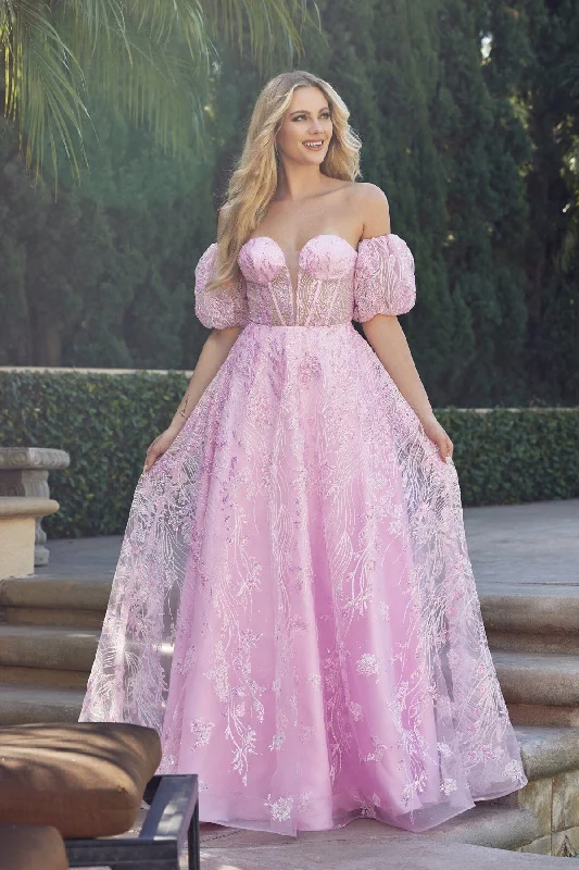 formal dresses for cocktail parties with off-shoulder design --Sequin Print Puff Sleeve Corset Gown by Juliet 2404