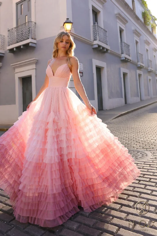 formal dresses with detachable capes for dramatic effect --Sleeveless Ombre Ruffled Slit Gown by Nox Anabel C1420