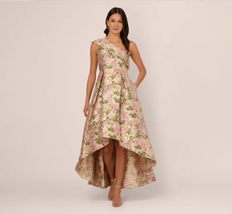 formal dresses with built-in cooling technology for hot climates --One Shoulder Metallic Floral Jacquard High Low Gown In Pink Green Multi
