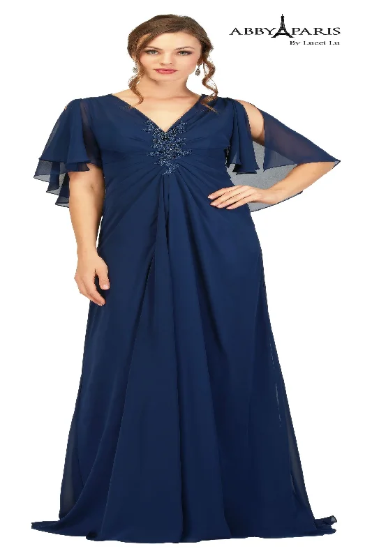 Elegant wedding guest dresses for evening receptions -Chiffon Capelet A-line Gown by Abby Paris 96054W