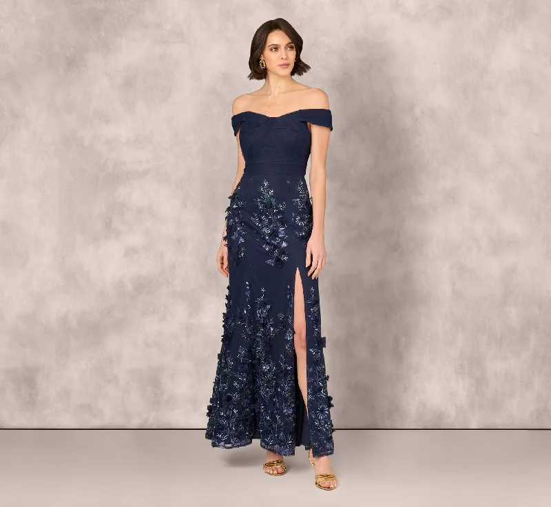 formal dresses with open backs and crisscross straps --Off Shoulder Sequin Embroidery Mermaid Gown In Navy