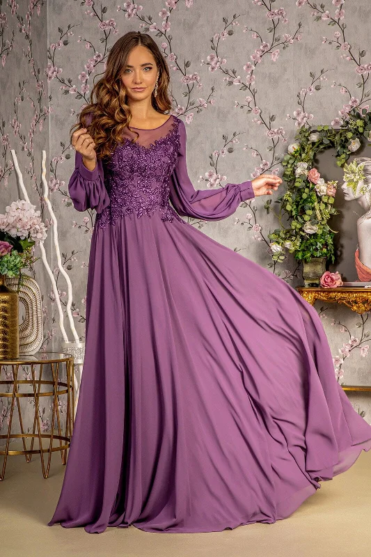 Wedding guest dresses for chilly evening weddings -Embroidered Long Sleeve A-line Gown by GLS Gloria GL3363