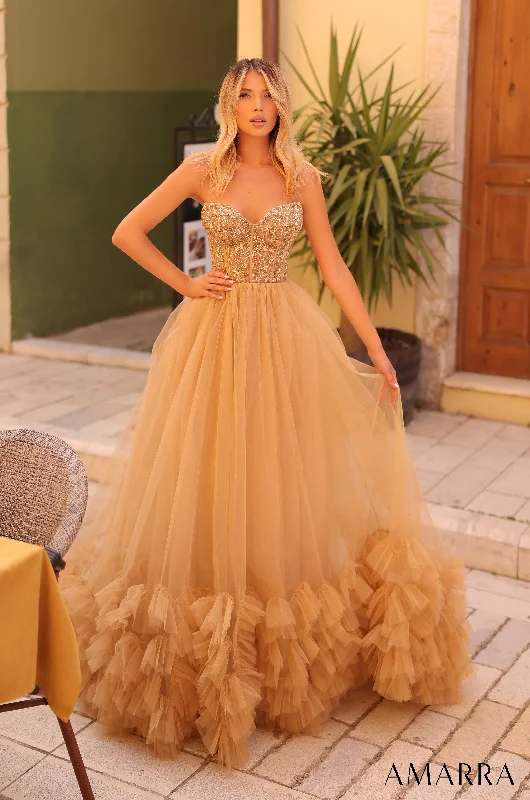 formal dresses with sequined bodices for sparkle --Strapless A-line Ruffled Gown by Amarra 88339