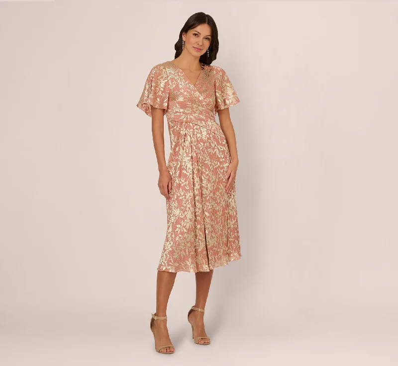 Modern wedding guest dresses with minimalist designs -Flutter Sleeve Draped Foil Leaf Midi Dress In Coral Gold